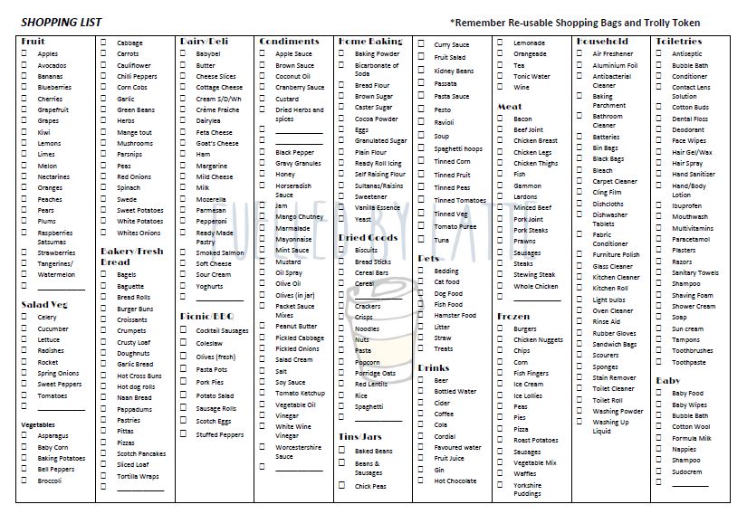 Printable Supermarket Shopping List